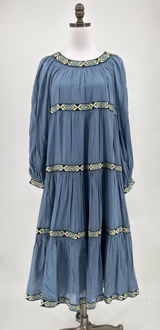 Tory Burch Balloon Blue Woven Cotton Embroidered Tiered A Line Dress Sz S